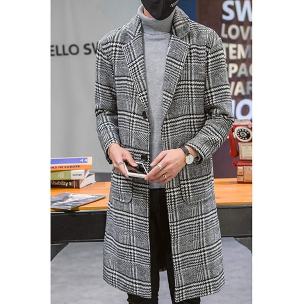 🆕Men's Grey Winter Single-Breasted Trench Coat with Notched Collar and Pockets - Picture 6 of 8